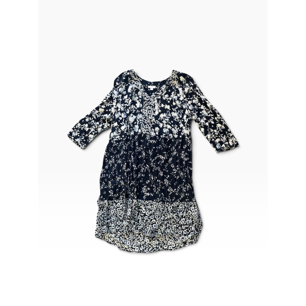 J. Jill Mixed Floral Print Tiered Shift Dress Navy White V-Neck XL Pockets